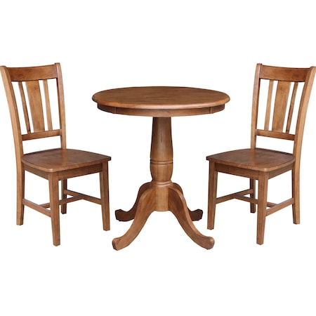 International Concepts Round 30 in Rd Top Pedestal Table, 2 San Remo Chairs, Distressed Oak, 30 in W, 30 in L, 29.1 in H K42-30RT-C10-2